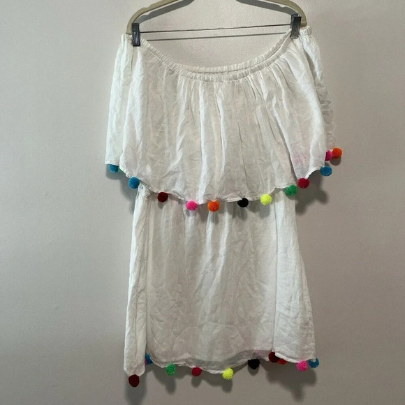 Pitusa White Off-Shoulder Swim Coverup with Multicolor Pom Poms - Picture 4 of 9